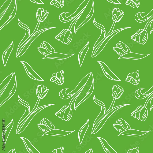 Vector seamless floral pattern with white tulips and leaves on a green background. Line art.