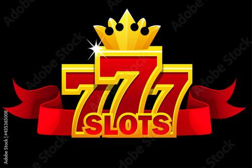 777 slots symbol, jackpot sign with red ribbon and gold crown for ui games.