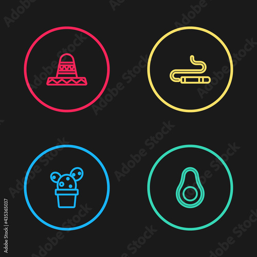 Set line Cactus or succulent in pot, Avocado fruit, Cigar and Mexican sombrero icon. Vector