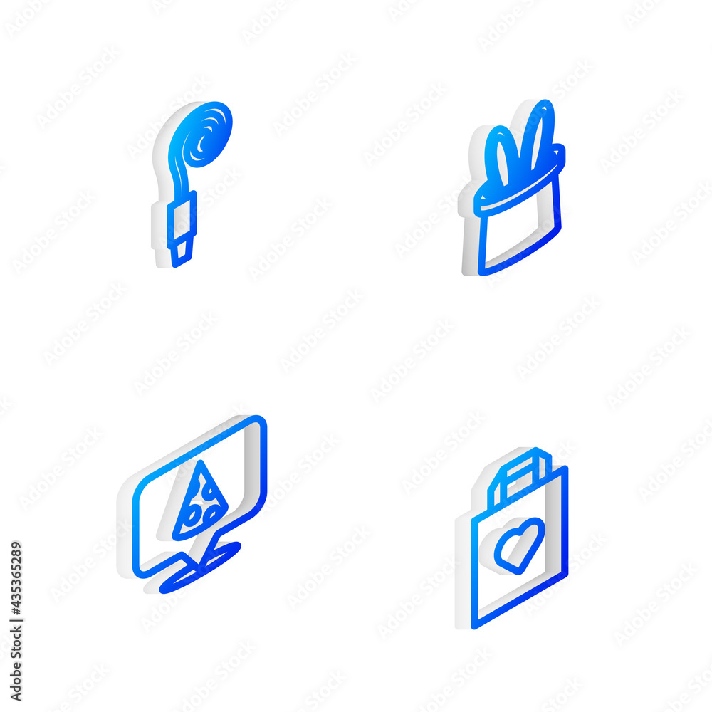 Set Isometric line Magician hat and rabbit ears, Birthday party horn, Slice of pizza and Shopping bag with heart icon. Vector Set Isometric line Magician hat and rabbit ears, Birthday party horn, Slice of pizza and Shopping bag with heart icon. Vector