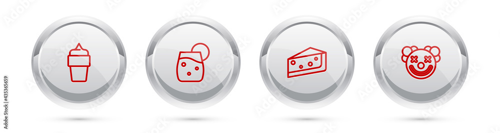 Set line Ice cream in waffle cone, Cocktail, Piece of cake and Clown head. Silver circle button. Vector Set line Ice cream in waffle cone, Cocktail, Piece of cake and Clown head. Silver circle button. Vector