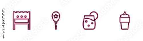 Set line BBQ brazier, Cocktail, Balloon with ribbon and Ice cream in waffle cone icon. Vector