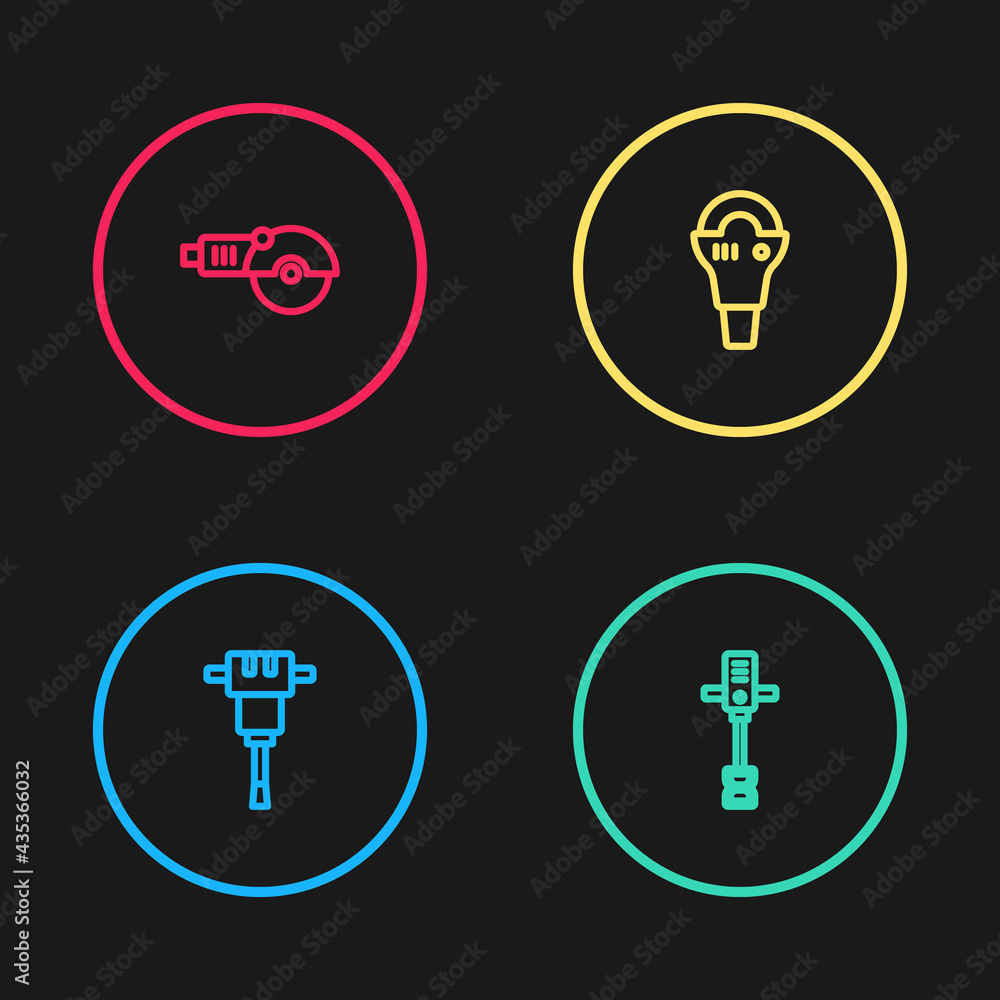 Set line Construction jackhammer, Electrical hand concrete mixer, Angle grinder and icon. Vector Set line Construction jackhammer, Electrical hand concrete mixer, Angle grinder and icon. Vector