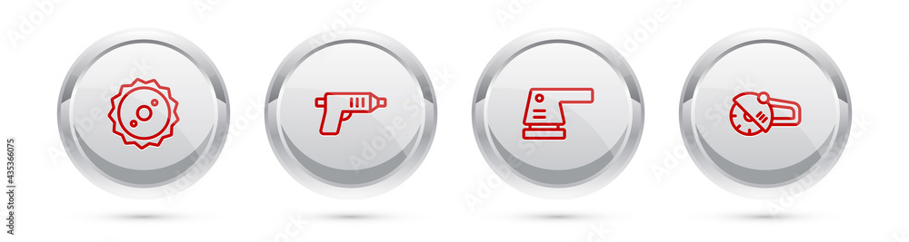 Set line Circular saw blade, Electric cordless screwdriver, sander and Angle grinder. Silver circle button. Vector