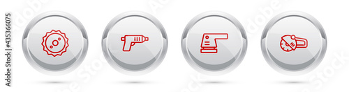 Set line Circular saw blade, Electric cordless screwdriver, sander and Angle grinder. Silver circle button. Vector