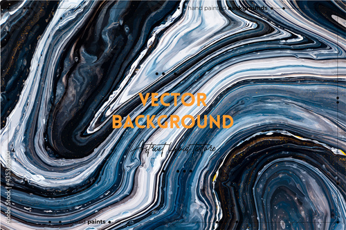 Fluid art texture. Abstract backdrop with swirling paint effect. Liquid acrylic artwork with artistic mixed paints. Can be used for baner or wallpaper. Black, navy blue and white overflowing colors.