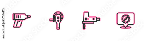 Set line Electric cordless screwdriver, jigsaw, Angle grinder and Circular blade icon. Vector