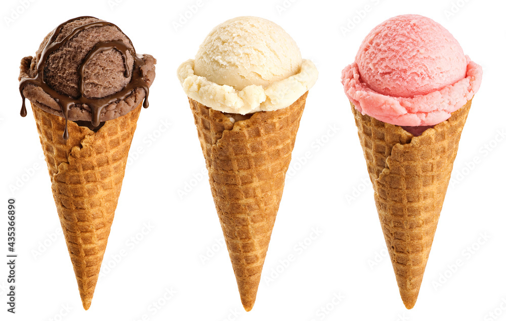 Ice cream scoops in cones with chocolate, vanilla and strawberry isolated on white background. Ice cream scoops in cones with chocolate, vanilla and strawberry isolated on white background.