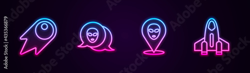 Set line Comet falling down fast, Alien, and Rocket ship. Glowing neon icon. Vector