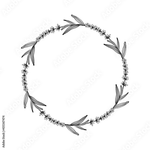 Round floral frame with lavender flowers. Vector illustration in engraved style, template, isolated on a white background