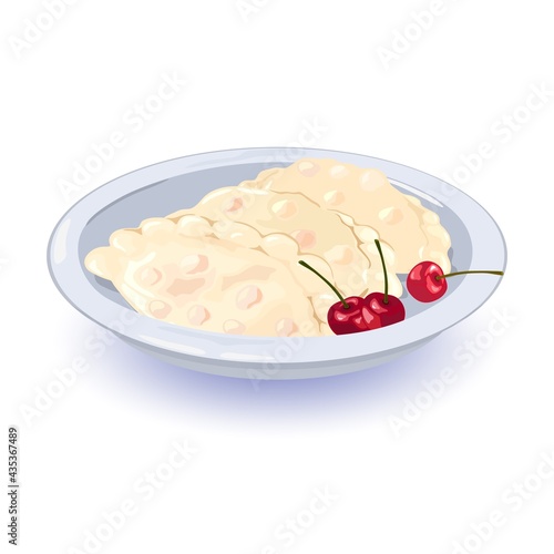 Yummy aromatic ukrainian dish made with dough, served with fresh juicy cherry berries. Vector homemade meal, healthy eating, food design. Isolated on white background