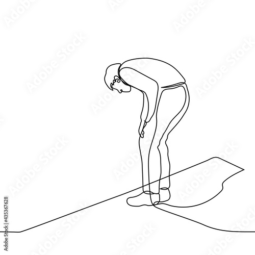 man looks down from the roof of a building - one line drawing. a curious man bent over and looks down at something, man with a fear of heights stands on the roof and looks down