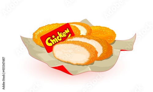 Breaded chicken nuggets served on paper, tasty poultry dish. Vector protein and delicious snack divided in slices, fast food and takeaway food idea. Isolated on white background