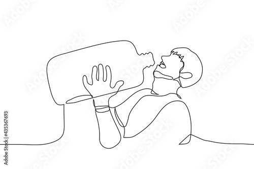 man drinking from a large plastic bottle - one line drawing. strong thirst concept
