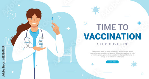 Female doctor holding syringe with  COVID-19 vaccine injection vector icon.Medical consultation.Time to vaccination for immunity health concept.Coronavirus prevention.Global pandemic.Immunization