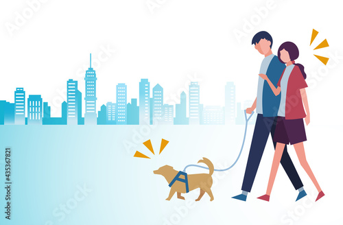犬と一緒に散歩する男女　都市背景　人物フラットイラスト