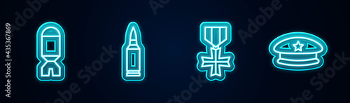 Set line Rocket launcher, Bullet, Military reward medal and beret. Glowing neon icon. Vector