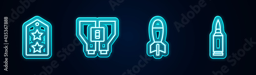 Set line Military rank, Binoculars, Rocket launcher and Bullet. Glowing neon icon. Vector
