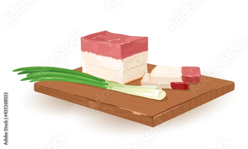 Appetizing piece of lard served on wooden board with spring onion. Vector national ukrainian food, ethnic eating, delicious dinner, cooking idea isolated on white background