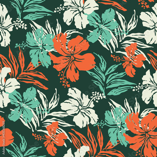 Hibiscus flowers and tropical leaves fabric  abstract  vector seamless pattern 
