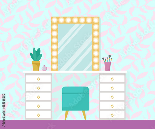Flat vector illustration with make up vanity table