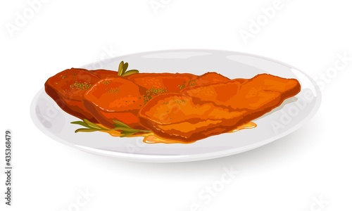Pork tenderloin slices served on white plate with greenery. Vector nutritious protein meal, healthy eating, restaurant dish, perfect taste idea isolated on white background