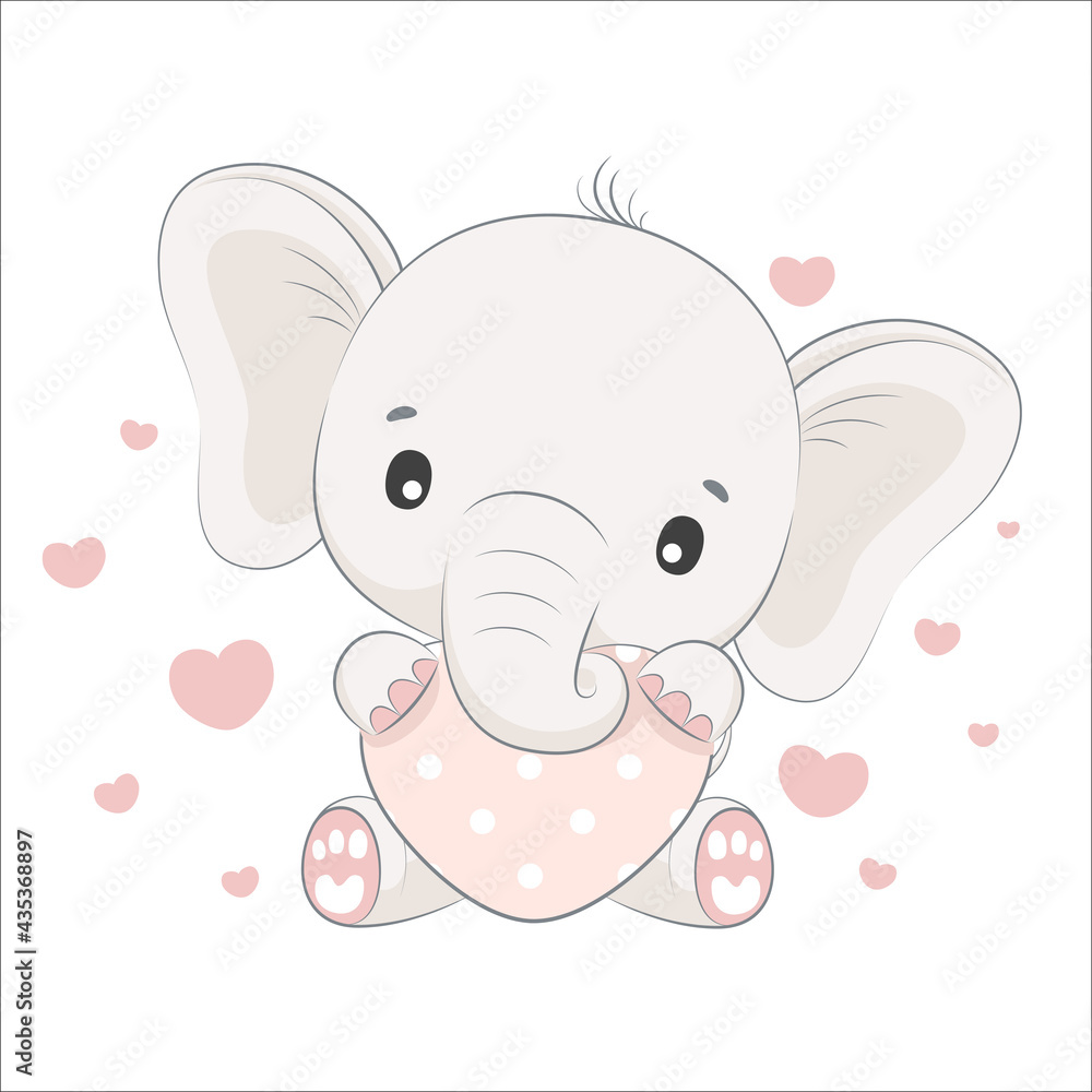 Fototapeta premium Cute baby elephant with a heart. Cartoon vector illustration.
