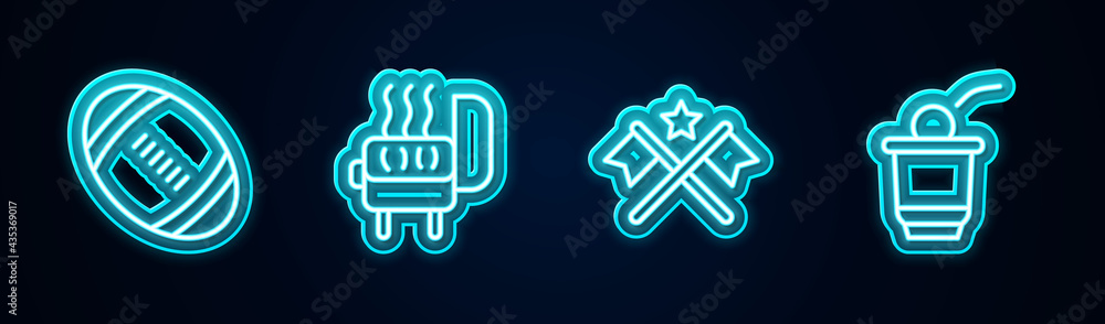Set line American Football ball, Barbecue grill, flag and Beer pong game. Glowing neon icon. Vector Set line American Football ball, Barbecue grill, flag and Beer pong game. Glowing neon icon. Vector