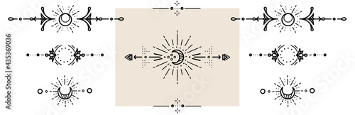 Horizontal text dividers, bohemian collection of stylish modern borders in outlines, black vector  isolated on white