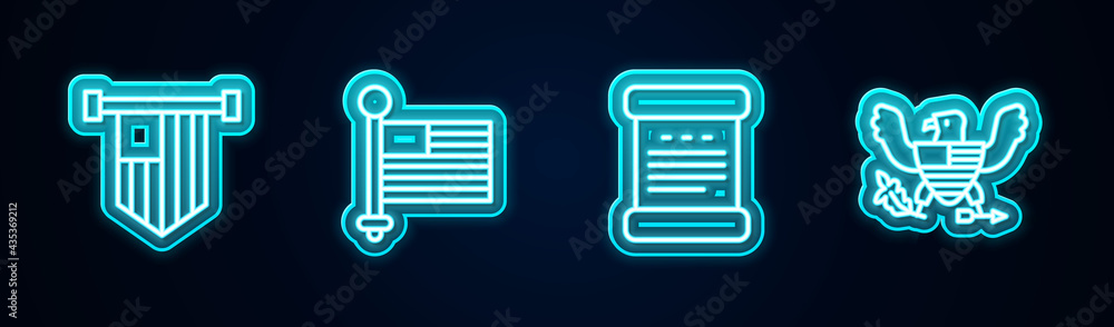 Set line American flag, , Declaration of independence and Eagle. Glowing neon icon. Vector