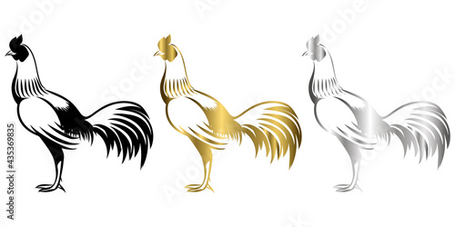 Vector Line Art Illustration logo of a bantam It is standing there are three color black gold silver