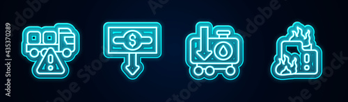 Set line Stop delivery cargo truck, Dollar rate decrease, Drop in crude oil price and Fire burning house. Glowing neon icon. Vector