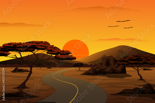 Vector cartoon illustration of the countryside landscape. The road leading to the valley at Sunset with mountain and sky in background.