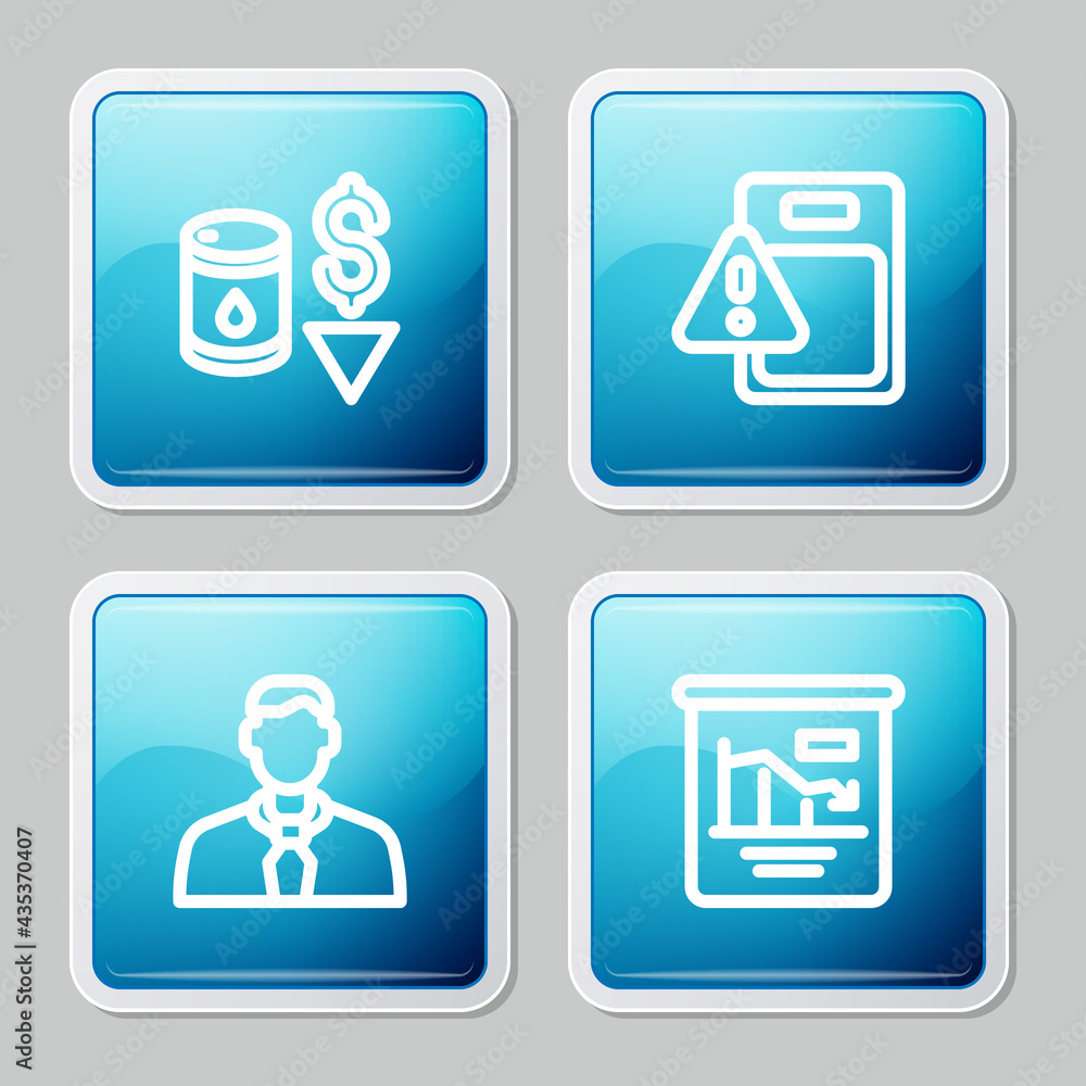 Set line Drop in crude oil price, Global economic crisis, Worker and Pie chart infographic icon. Vector Set line Drop in crude oil price, Global economic crisis, Worker and Pie chart infographic icon. Vector