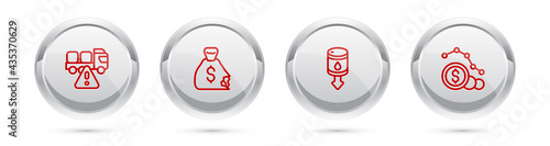 Set line Stop delivery cargo truck, Money bag, Drop in crude oil price and Dollar rate decrease. Silver circle button. Vector