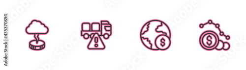 Set line Storm, Global economic crisis, Stop delivery cargo truck and Dollar rate decrease icon. Vector