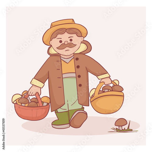 Cute mushroom picker character. Grandfather with two baskets of various mushrooms. Color vector flat illustration