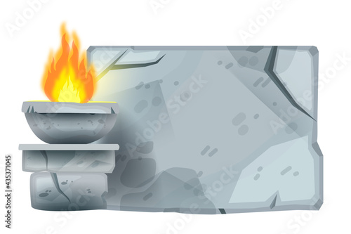 Ancient stone sign board, vector cartoon game rock tablet, cracked granite boulder, fire. Nature UI object, gray ancient wall, interface old ruin background, flame. Stone sign panel isolated on white