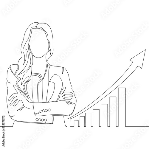 Continuous line business woman with rising graph
