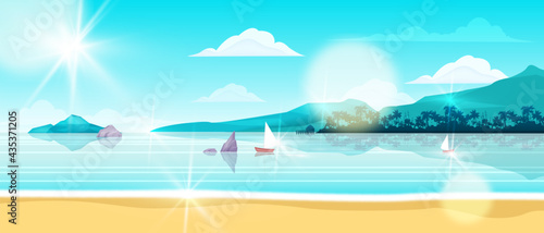 Summer beach landscape, vector ocean island background, shore sand, sailing boat, island, palm silhouette. Exotic seashore, tropical nature vacation illustration. Horizontal beach lagoon landscape