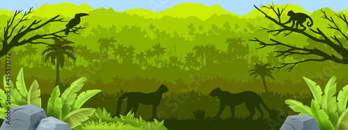 Jungle forest vector silhouette background, tropical Amazon outline landscape, rainforest panoramic view. Nature wildlife illustration, leopard, monkey, toucan, palm, stone. Jungle silhouette banner