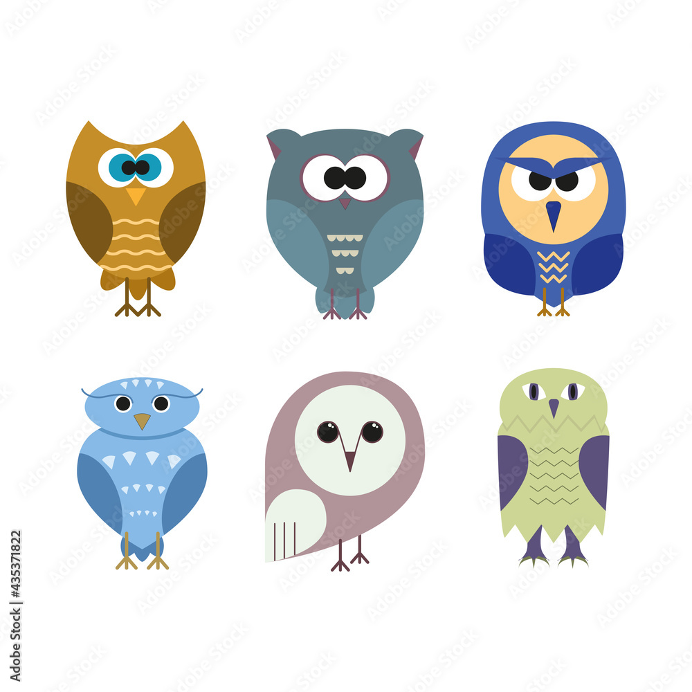 Set of flat owls on white. Set of flat owls on white.