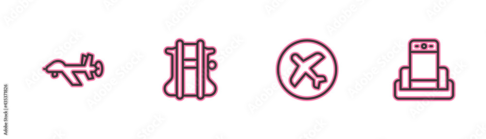 Set line UAV Drone, Plane, Parachute and Metal detector in airport icon. Vector Set line UAV Drone, Plane, Parachute and Metal detector in airport icon. Vector