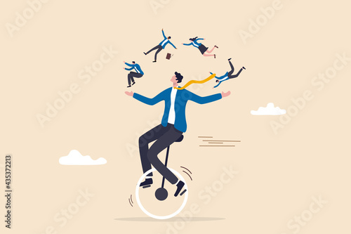 People management or HR, human resources, diversity or inclusive, career and recruitment concept, smart skillful businessman manager riding unicycle balance juggling team members diversify people. photo