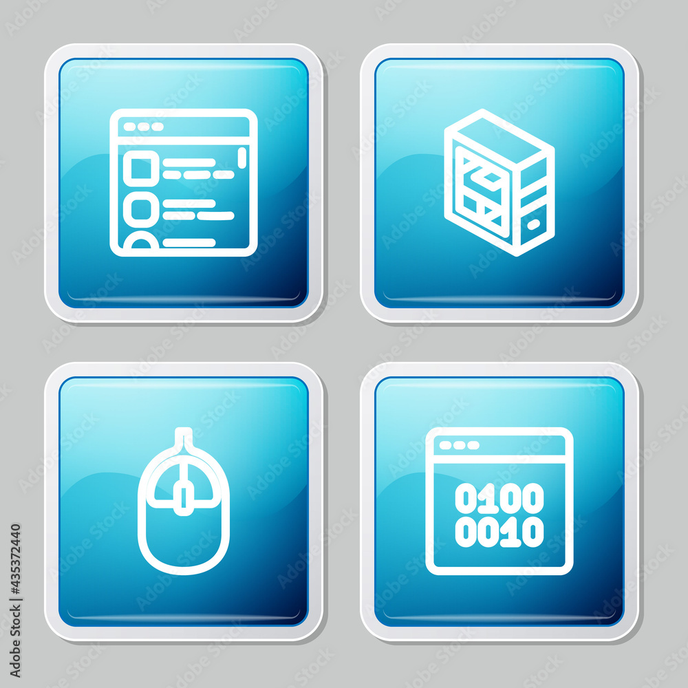 Set line Browser files, Computer, mouse and Binary code icon. Vector Set line Browser files, Computer, mouse and Binary code icon. Vector