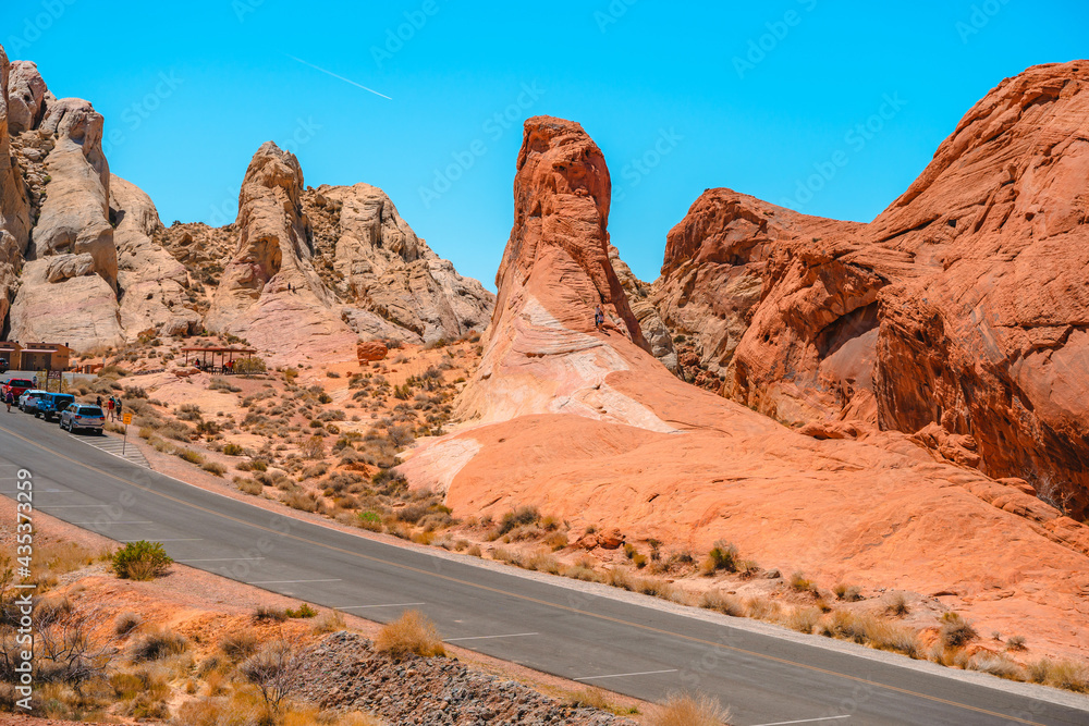 Valley of Fire National Park in Nevada. Orange amazing landscape, stones of different shapes and a fire wave