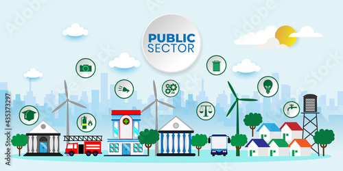 Governmental System Citizen Service Concept. Public Sector Government People Business Concept With icons. Cartoon Vector  Illustration	