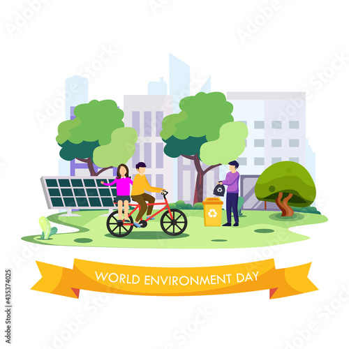 Fototapeta Naklejka Na Ścianę i Meble -  World Environment Day with People caring for the earth. save planet flat vector illustration
