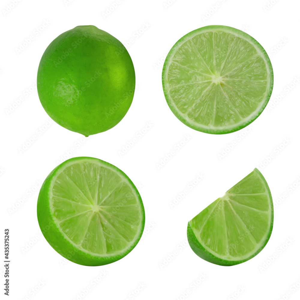 One green lemon fruit with leaf and a half isolated on white background