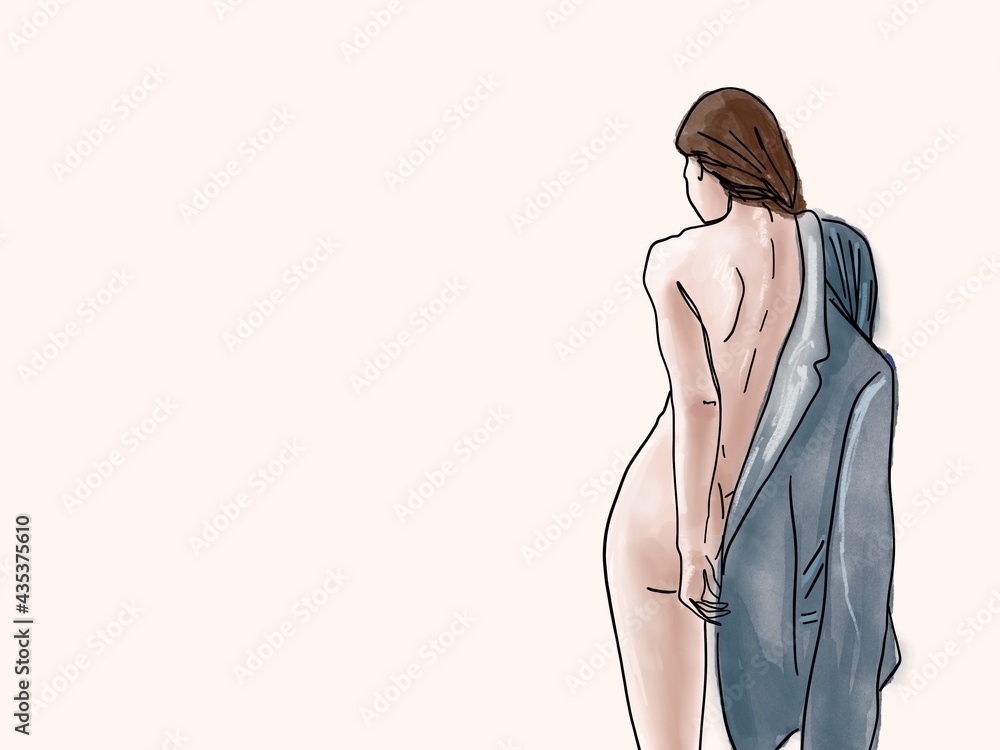 Fototapeta premium Naked woman one line drawing. Minimalistic background in beige colors